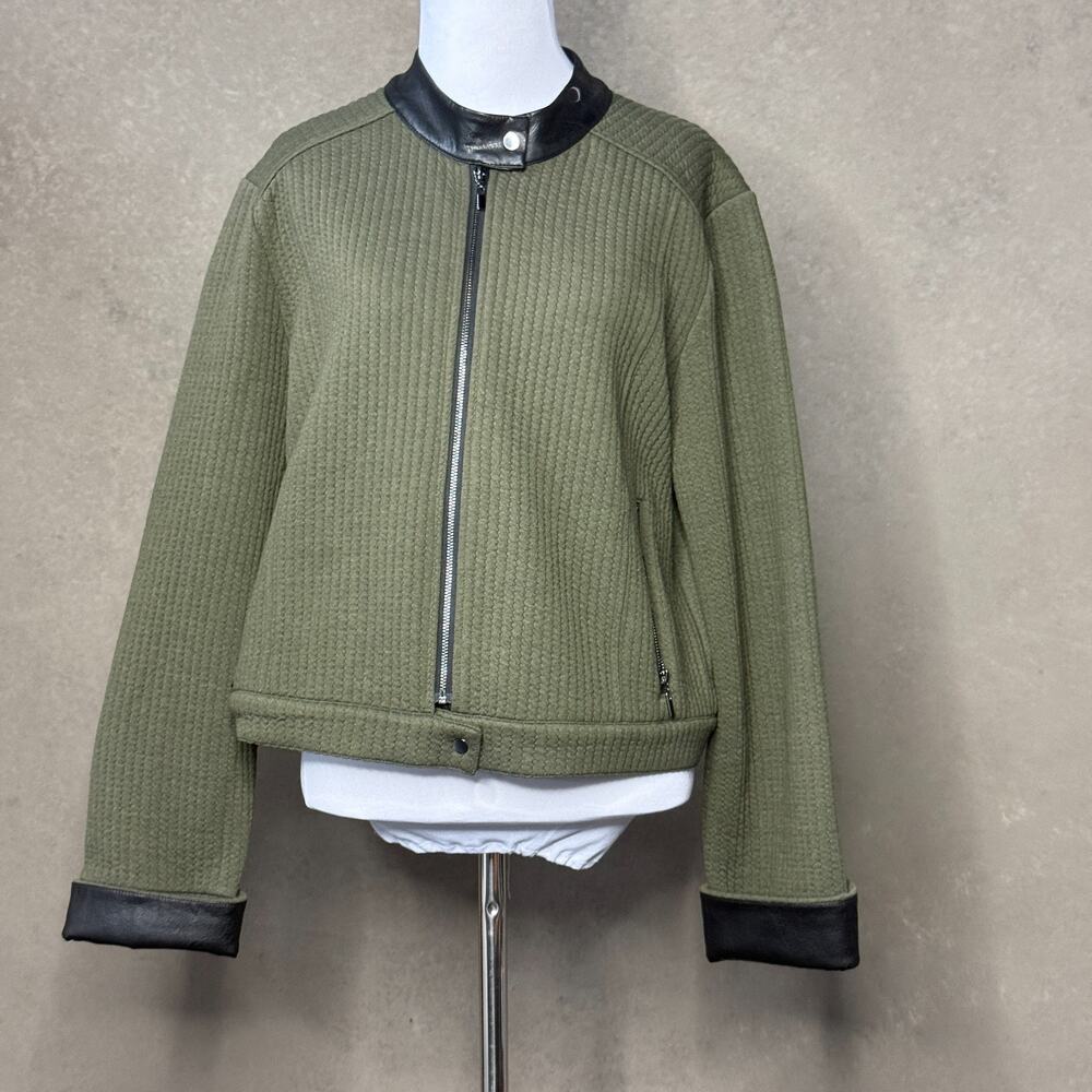 Lysse Olive Textured Knit Moto Jacket Faux Leather Collar Cuffs Women's XL